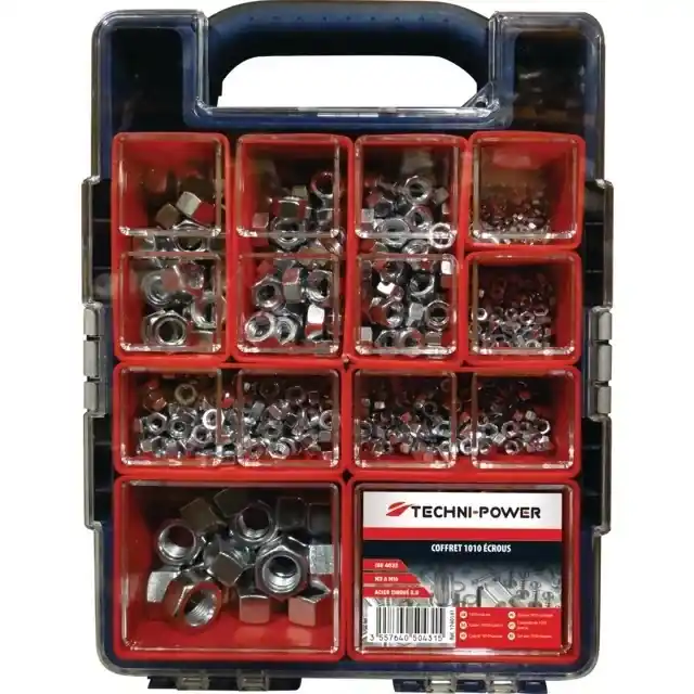 Nouvel Arrivage Ecrous hexagonaux zingue 8.8 diametre 3 a 16mm coffret 1010 pieces techni-power