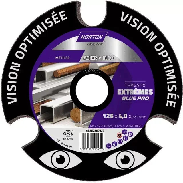 Disque a ebarber metal inox plat 125x4,0x22,2 mm vision extreme blue pro norton Commander Vite