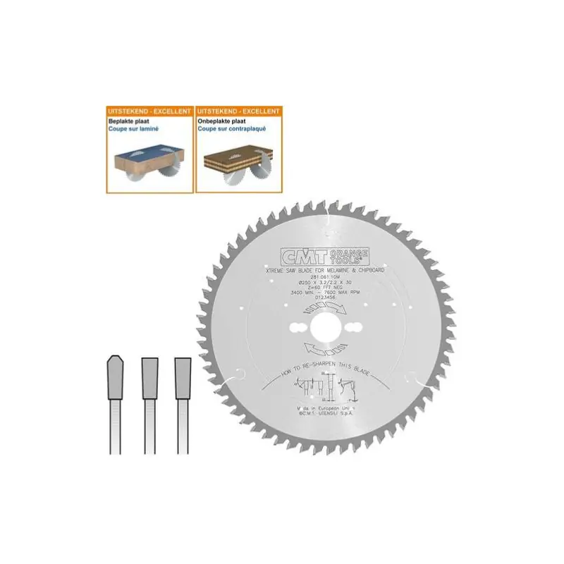 Satisfait Ou Remboursé Lame circulaire XTREME CMT pour mélaminés et agglomérés - Diamètre 250mm - 60 dents négatives - Alésage 30mm - Ep 3,2/2,2 - CMT Orange tools