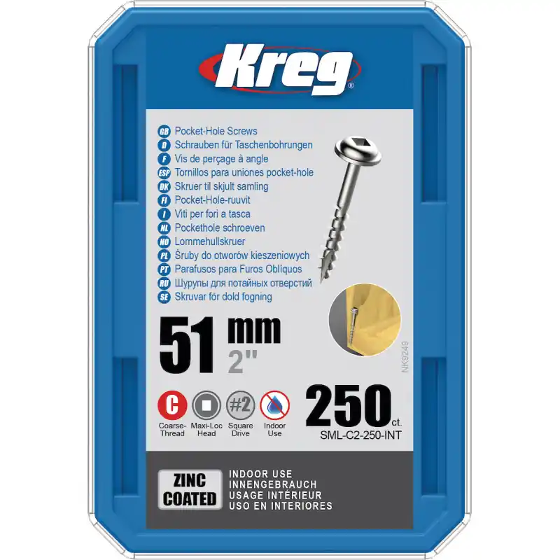 Vis trous de poche Kreg 51mm - Zinc / Maxi-Loc - Filetage épai - 250pcs Pas Cher
