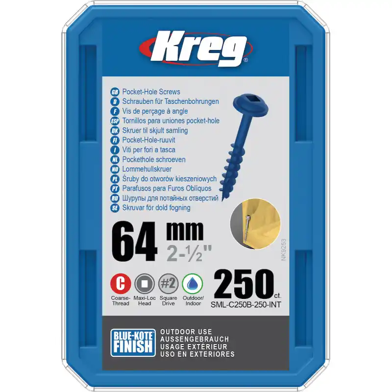 Vis trous de poche Kreg 64mm - Blue-Kote / Maxi-Loc - Filetage épai - 250pcs Quantité Limitée