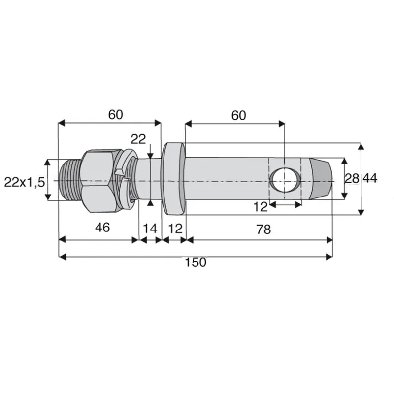 Piton axe d‘attelage Ø28mm filetage M22x1,5 goupille Ø12mm Expédié Aujourd'hui