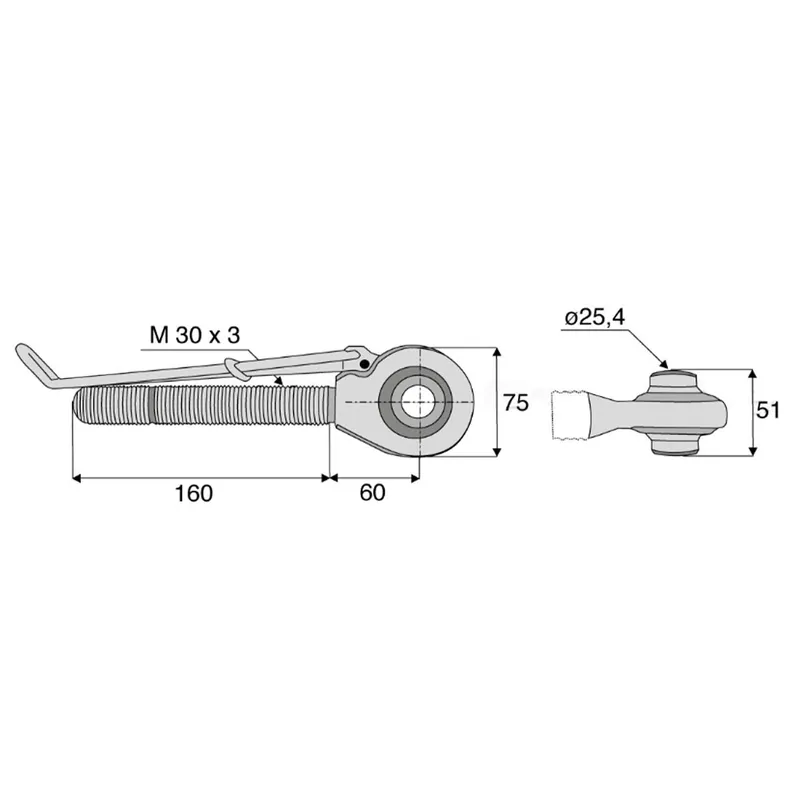 Tirant à rotule cat 2 tige M30x3 filetage droite sphère Ø50mm Meilleure Vente