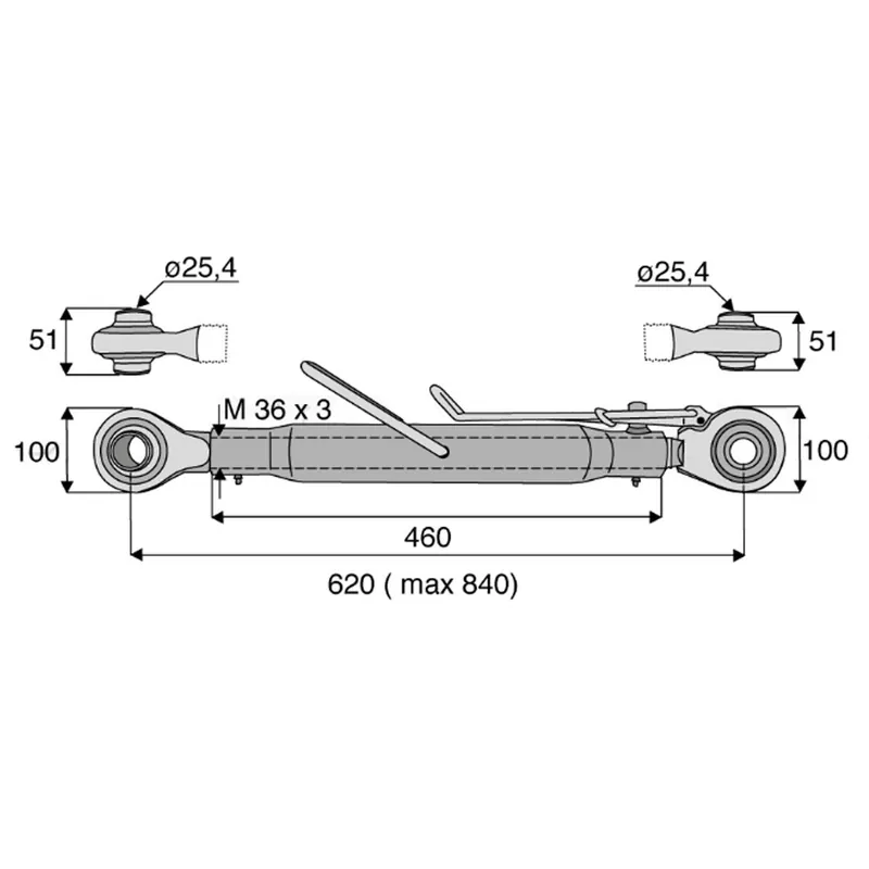 Barre de poussée M cat.2 rotule/rotule 620/840mm Seulement Aujourd'hui