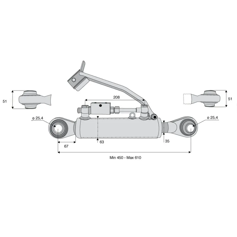 Barre de poussée hydr cat.2 rotule/rotule 450/610mm Certifié